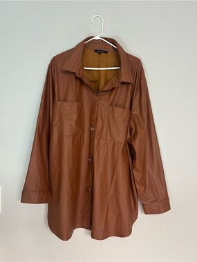 Women’s  Brown Faux Leather Relaxed Long Sleeve Shirt 3X